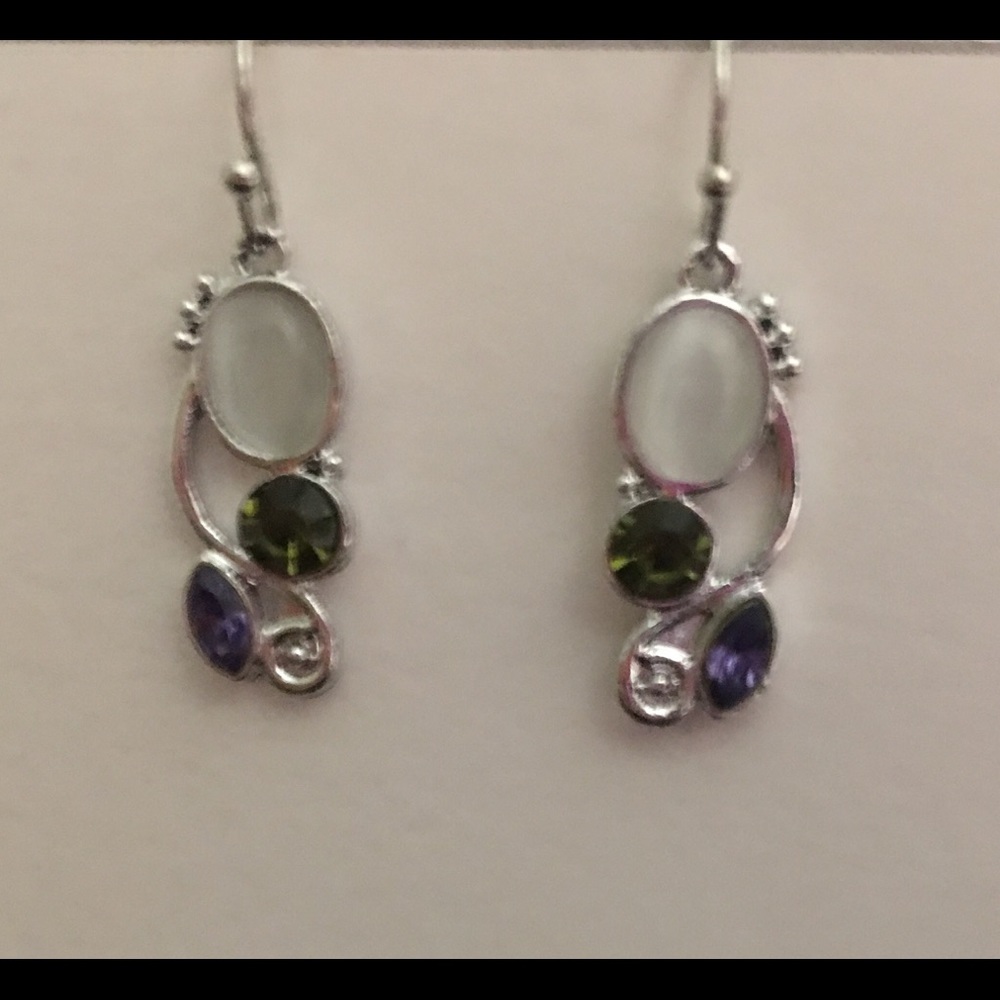 SILVER EARRINGS, purple,green, white stones.fun .